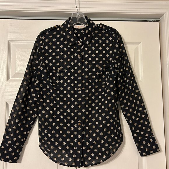 TORY BURCH Sz 6 Black Kingfish Print Long Sleeve Utility Shirt Top - Picture 2 of 9